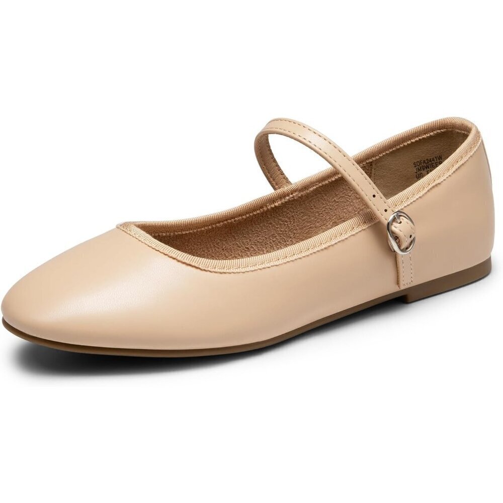 Dream Pairs Women's Nude-pu CALF PU Round Toe Buckled Ankle Strap Ballet Flats